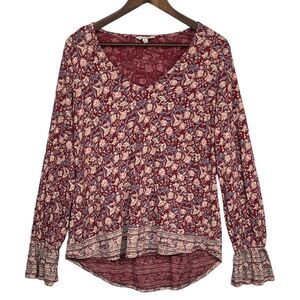 Lucky Brand Blouse Women‎ Size M Red Floral Hi-Lo Curved Hem Flared Long Sleeve